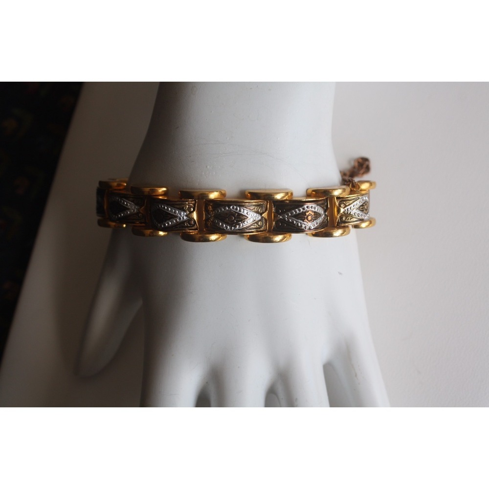 VINTAGE ESTATE GOLD TONE Articulated  DAMASCENE Geometric 5 1/4" BRACELET